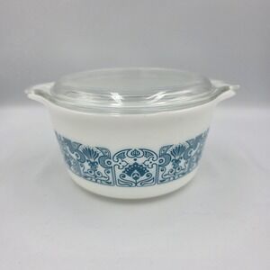 VTG Pyrex Horizon Blue White Casserole Dish 473 With Glass Lid 470-C  1 Quart